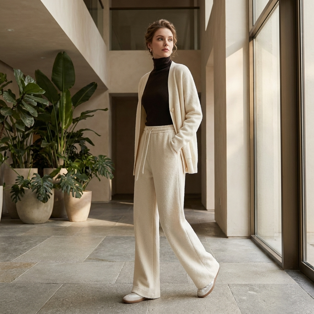 Women's High-Waisted Wide-Leg Wool Blend Pants – Fleece-Lined Straight Trousers with Elastic Waist, Soft Silk Blend &amp; Elegant Winter Style