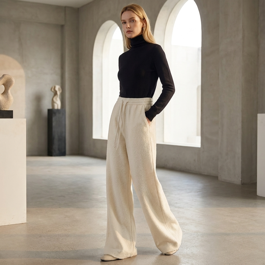 Women's High-Waisted Wide-Leg Wool Blend Pants – Fleece-Lined Straight Trousers with Elastic Waist, Soft Silk Blend &amp; Elegant Winter Style