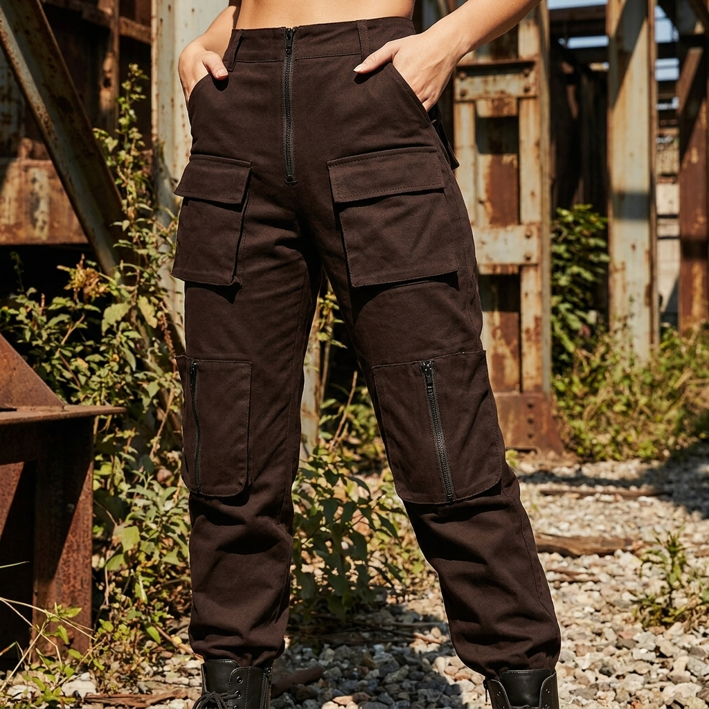 Damen High-Waist Cargo Jogger Hose – Street Style Utility Hose mit mehreren Taschen, S–L, Schwarz