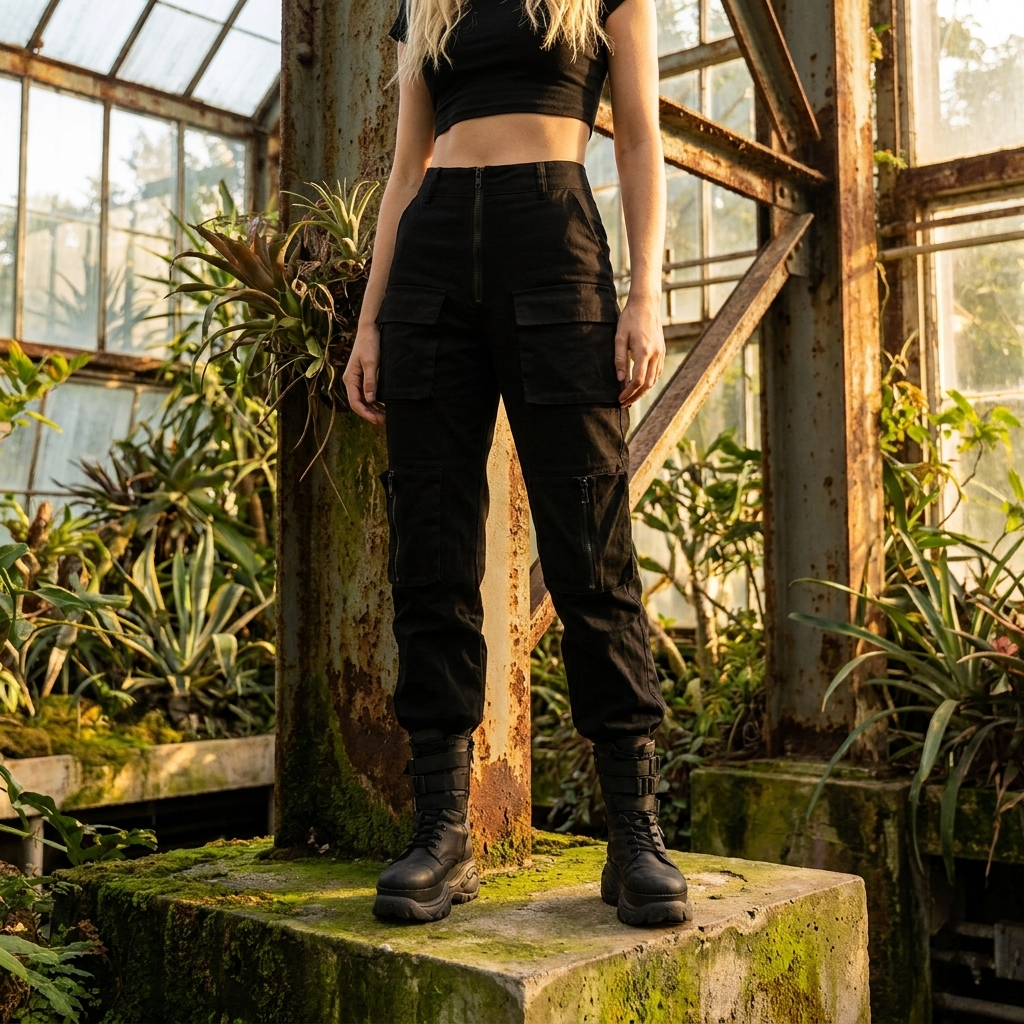 Damen High-Waist Cargo Jogger Hose – Street Style Utility Hose mit mehreren Taschen, S–L, Schwarz