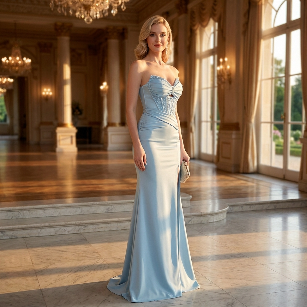 Damen Sexy Korsett-Abendkleid für formelle Anlässe &amp; Partys – Trägerloses Satinperlen-Spitzen-Maxikleid mit schmaler Passform