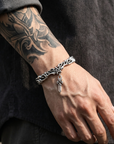 Men's Thai Silver Plated Bracelet – Retro Gothic Cross & Star Heavy Chain with Vine Engraving, ~20g