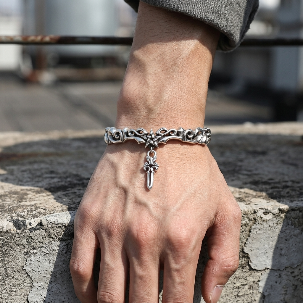 Men's Thai Silver Plated Bracelet – Retro Gothic Cross &amp; Star Heavy Chain with Vine Engraving, ~20g