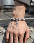 Men's Thai Silver Plated Bracelet – Retro Gothic Cross & Star Heavy Chain with Vine Engraving, ~20g