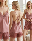 Damen Pyjama-Set aus Spitze – tiefer V-Ausschnitt, rückenfreies, ärmelloses Top und Shorts Schlafanzug