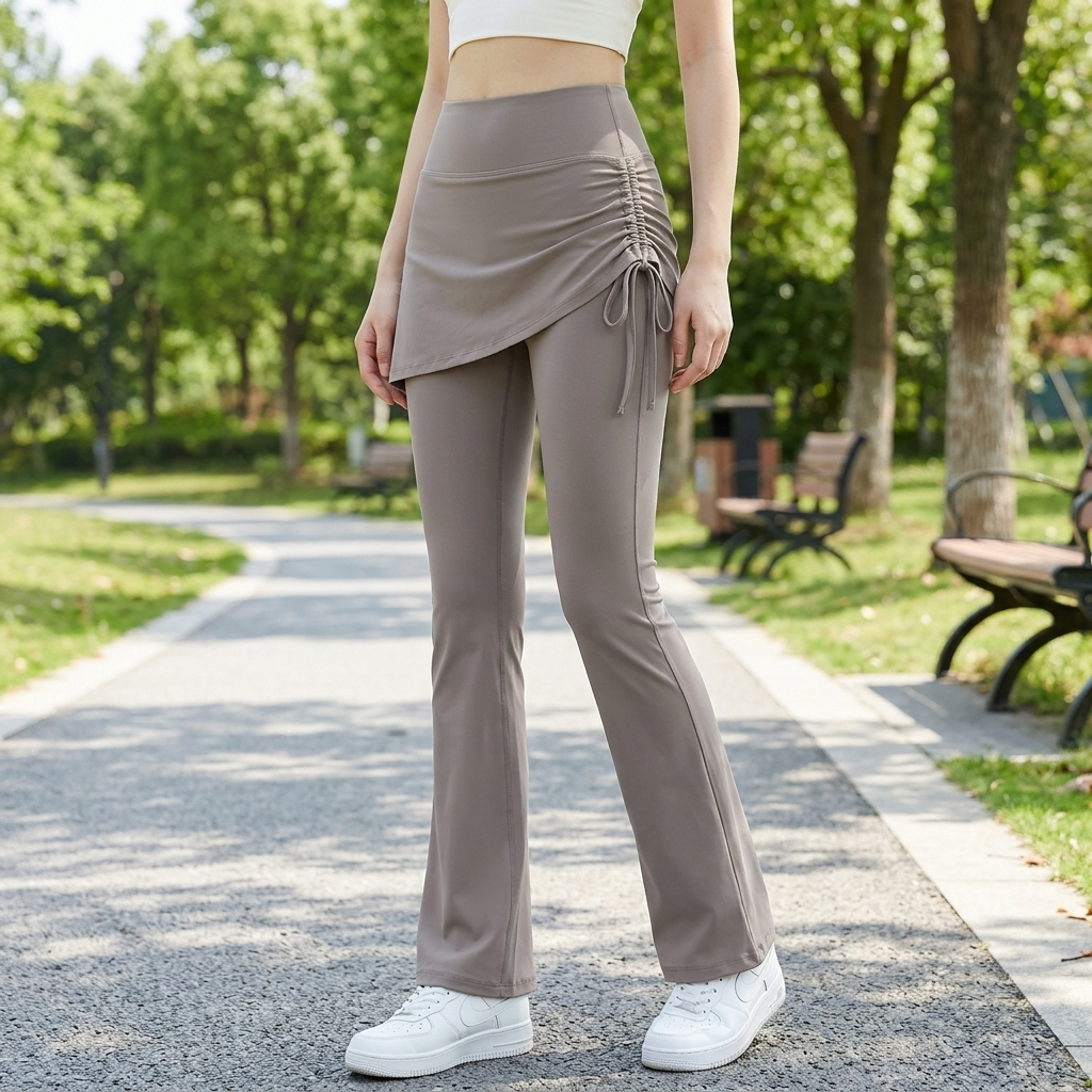 Damen-Culottes zweiteilig mit Kordelzug – hochelastische, schmal geschnittene Yoga-Rockhose in Haifischhaut-Optik mit verstellbarer Taille