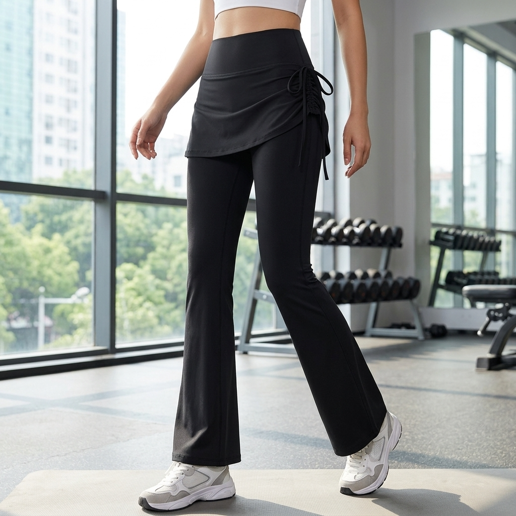 Damen-Culottes zweiteilig mit Kordelzug – hochelastische, schmal geschnittene Yoga-Rockhose in Haifischhaut-Optik mit verstellbarer Taille