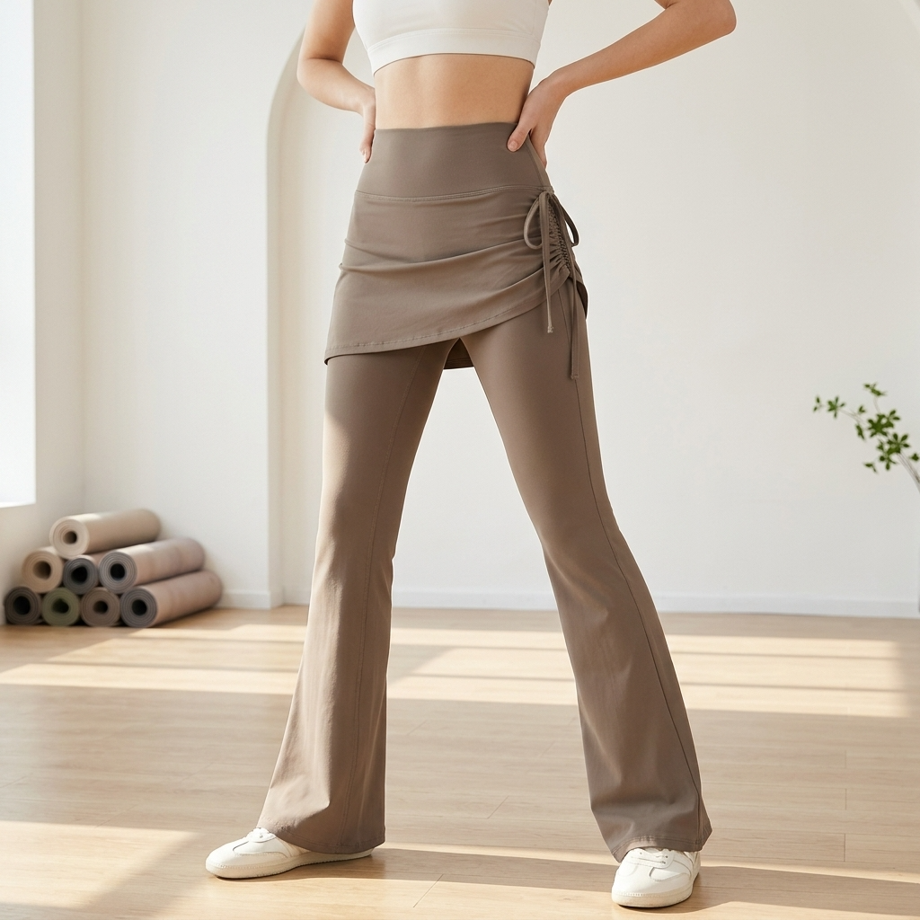 Damen-Culottes zweiteilig mit Kordelzug – hochelastische, schmal geschnittene Yoga-Rockhose in Haifischhaut-Optik mit verstellbarer Taille