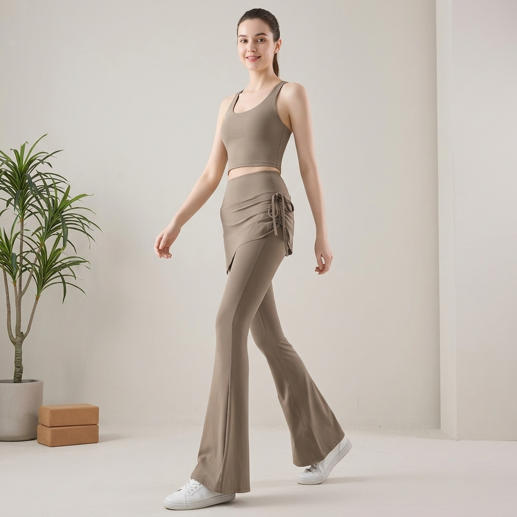 Damen-Culottes zweiteilig mit Kordelzug – hochelastische, schmal geschnittene Yoga-Rockhose in Haifischhaut-Optik mit verstellbarer Taille