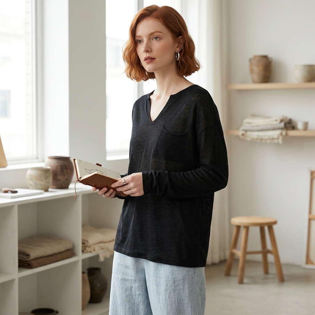 Women's Tencel Linen Blend V-Neck Long Sleeve Top – Loose Fit UV-Protection Pullover