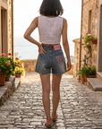 Women's Blue Denim Shorts – High Waist Wide Leg Frayed Hem