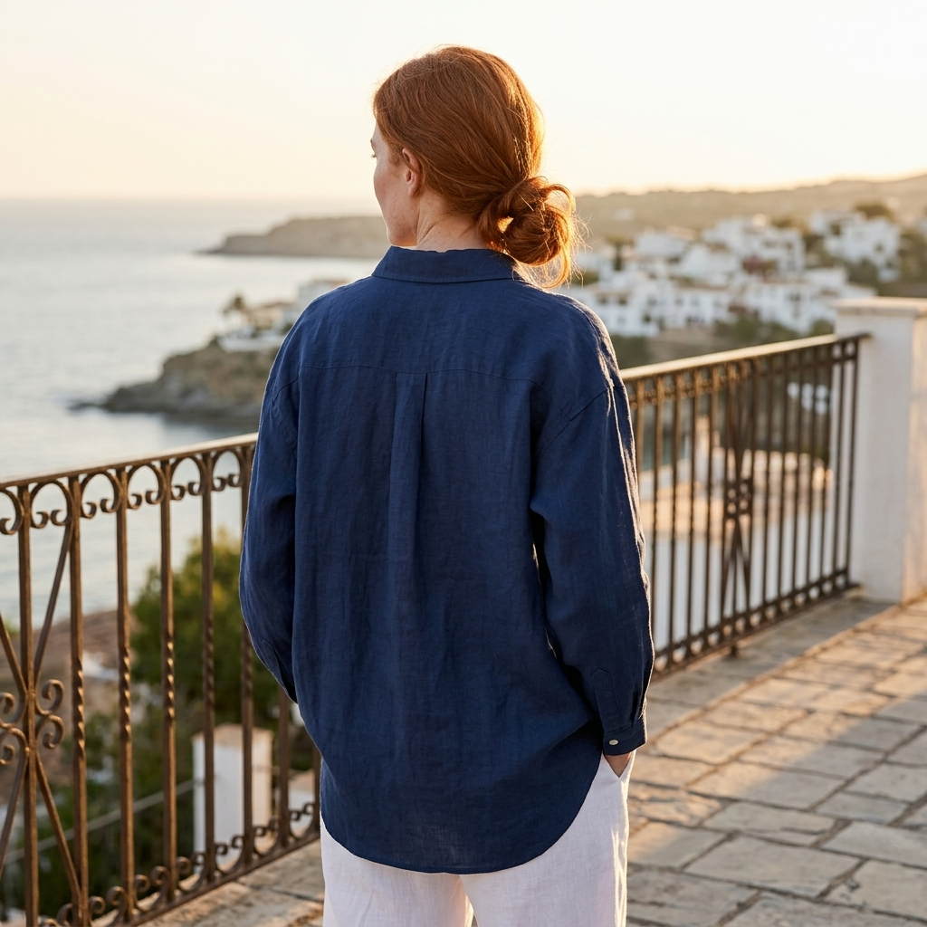 Women's 100% Linen Shirt – Long Sleeve Polo Collar Button-Down