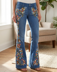 Women's Embroidered Flared Denim Jeans – Mid-Waist Micro-Flare