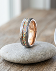 Men's Tungsten Rose Gold Hammered Ring – Crushed Opal Inlay