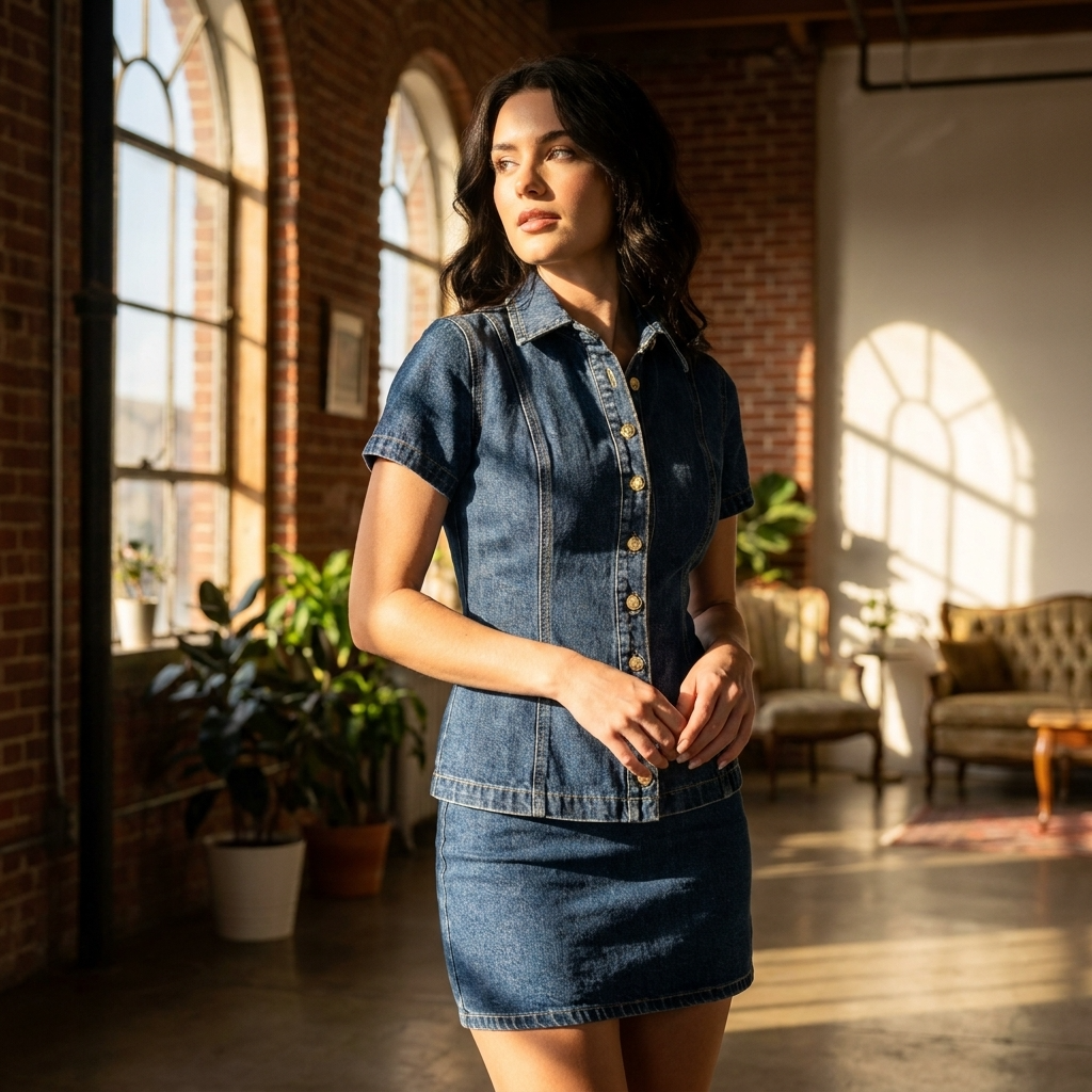 Women's Denim Button-Up Top &amp; High-Waist Mini Skirt Set