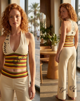 Women's Striped Crop Top & Flared Wide-Leg Pants Set