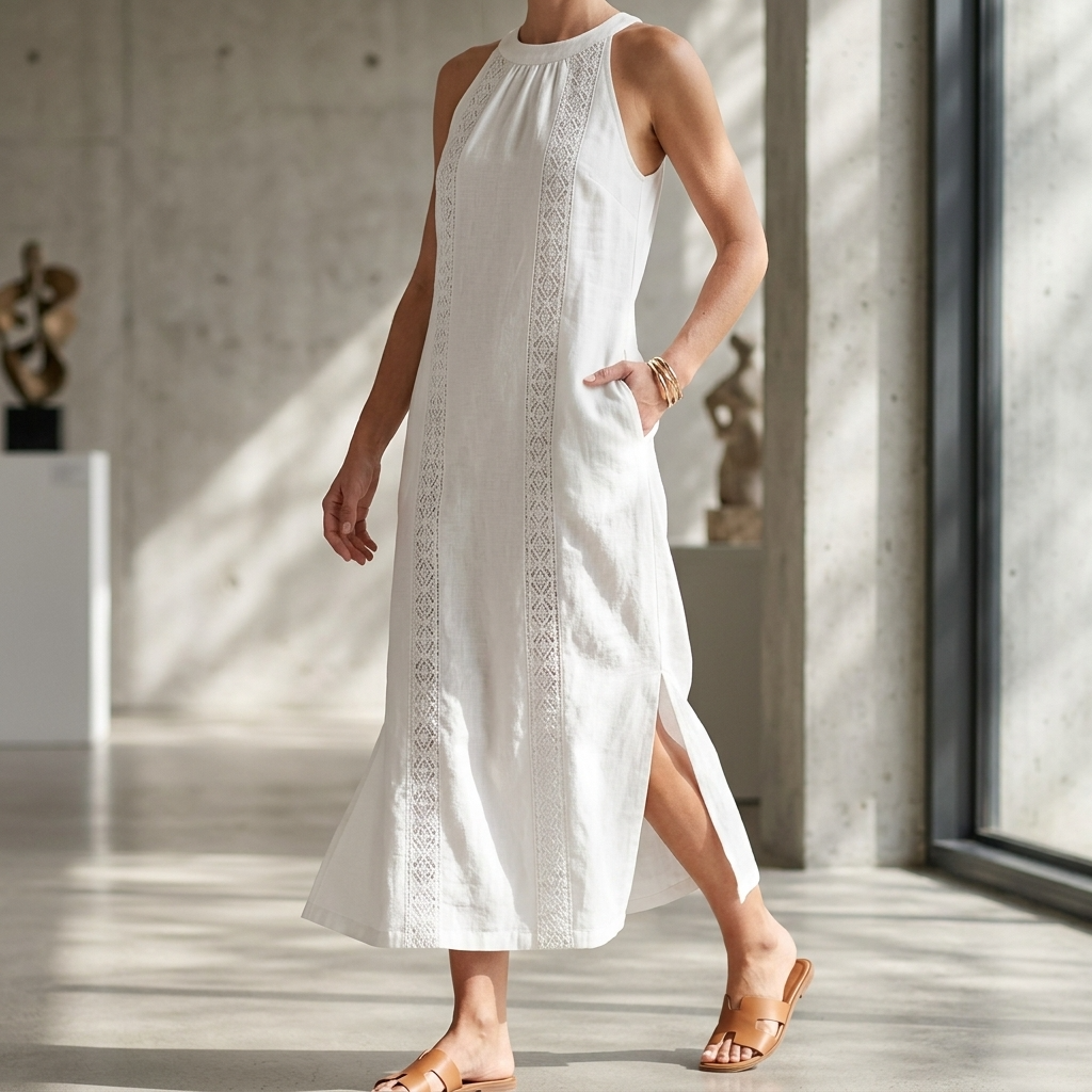 Women's Lace Detail Sleeveless A-Line Dress – Cotton Blend Side Slit