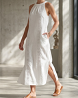 Women's Lace Detail Sleeveless A-Line Dress – Cotton Blend Side Slit