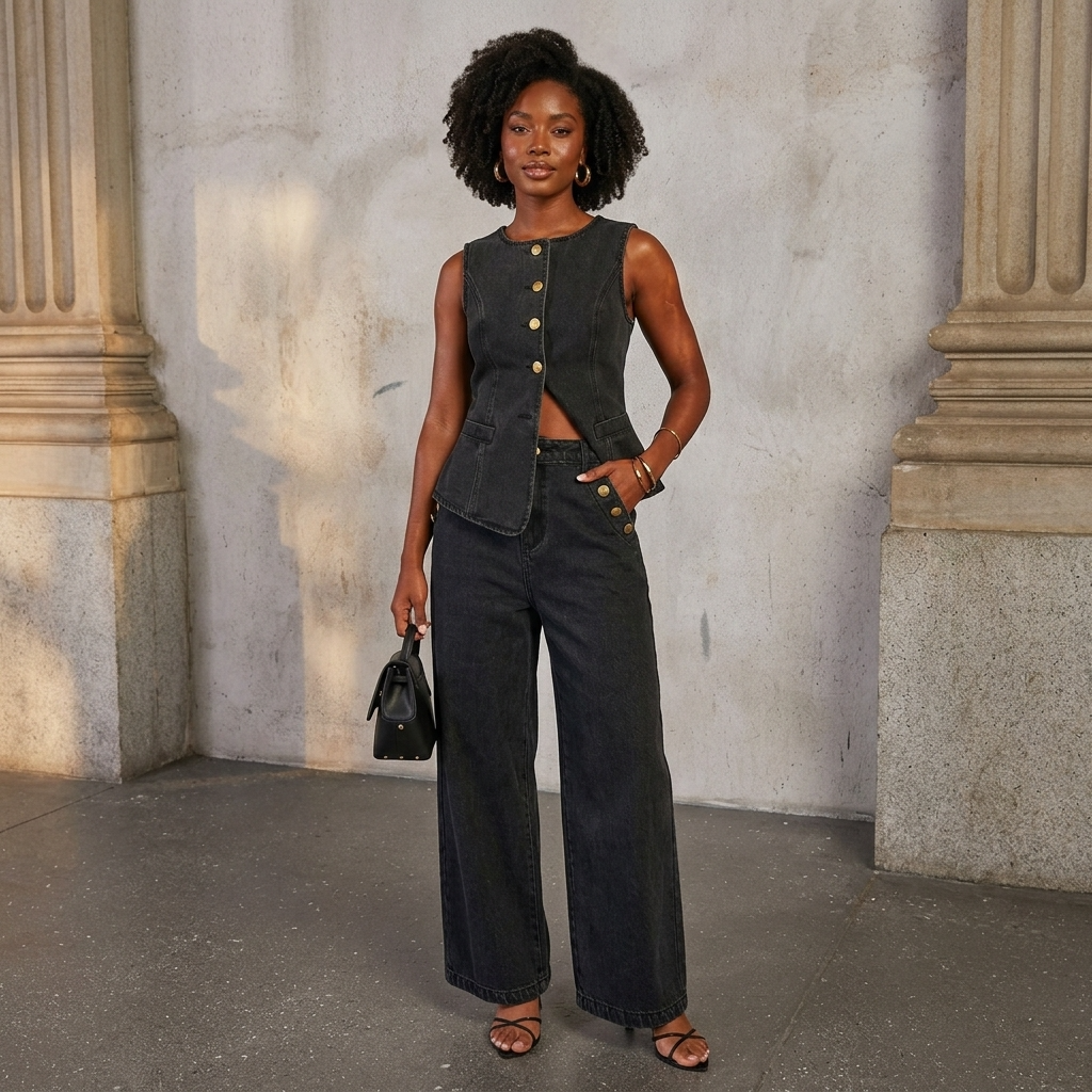 Women's Denim Sleeveless Top &amp; Wide-Leg Pants 2-Piece Set