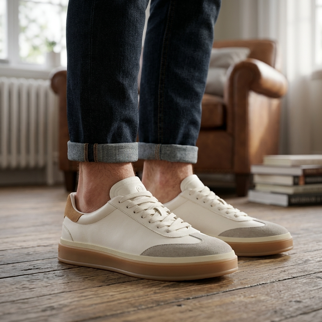 Men's Cowhide Leather Sneakers - Thick Sole Lace-Up Casual Shoes