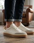 Men's Cowhide Leather Sneakers - Thick Sole Lace-Up Casual Shoes