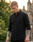 Men's Long Sleeve Cotton Blend Shirt - Loose Fit Retro Casual Lapel Top