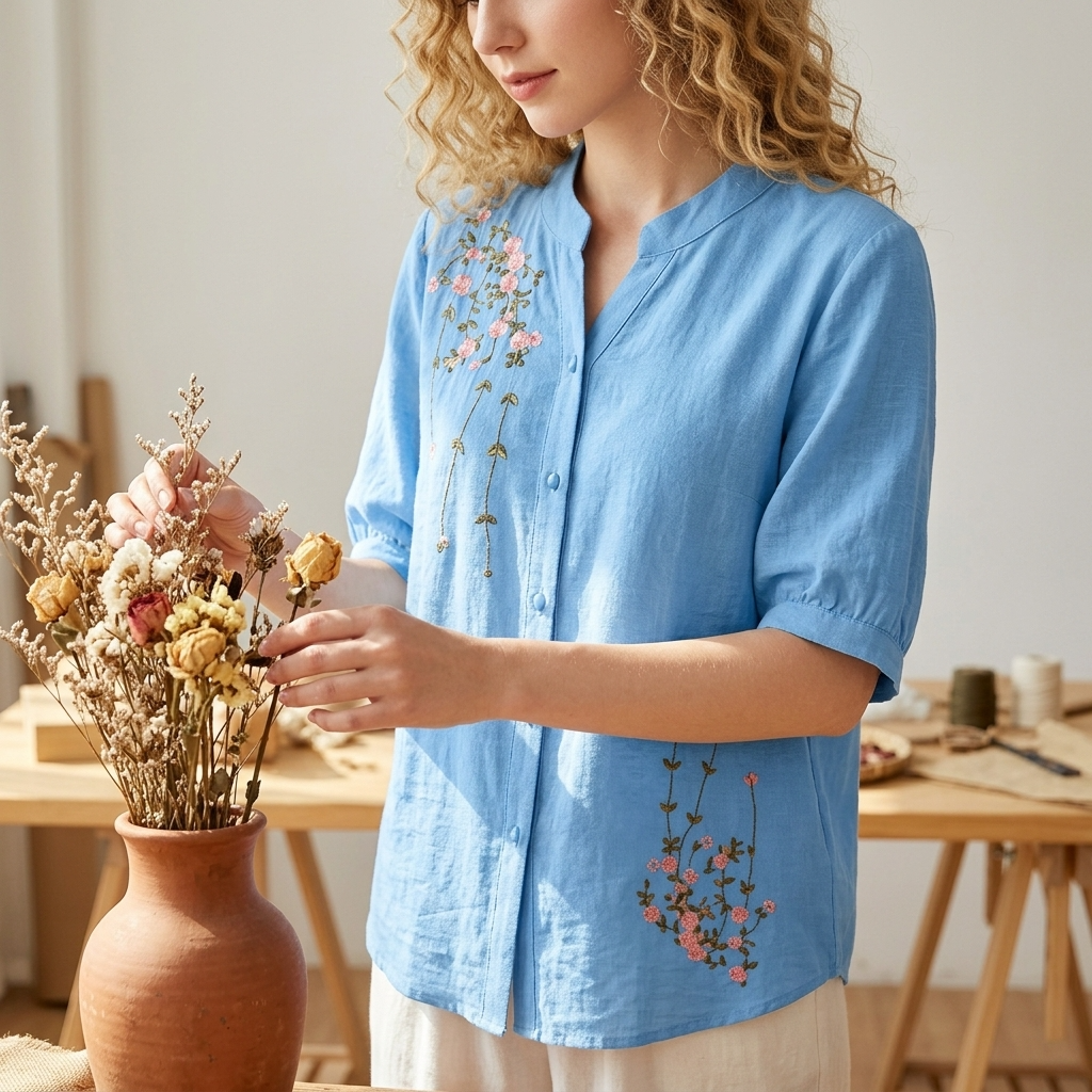 Women's Embroidered Cotton Linen Short Sleeve Shirt