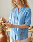 Women's Embroidered Cotton Linen Short Sleeve Shirt