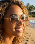 Damen Polarisierte Piloten-Sonnenbrille mit Kette – UV400 Metallrahmen Aviator-Brille mit CR39 Gläsern