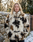 Women's Floral Faux Fur Coat – Eco-Friendly Plush Lapel Winter Jacket, Short or Long, S–L