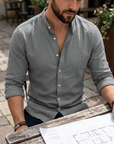 Men's Cotton Linen Button-Up Shirt – Slim Fit Long Sleeve