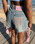 Women's Blue Denim Shorts – High Waist Wide Leg Frayed Hem