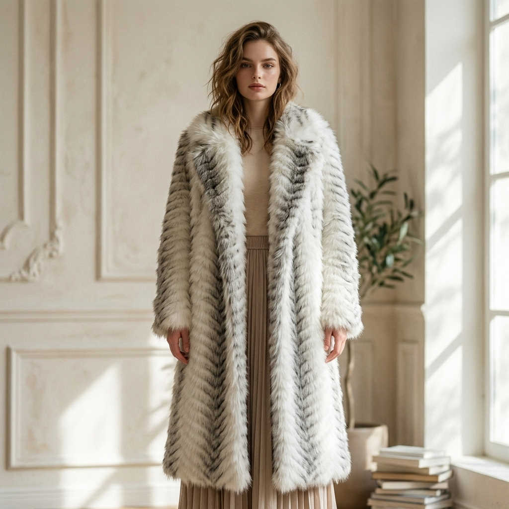 Women's Gradient Faux Mink Fur Coat - Long Herringbone Style