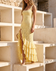 Women's Backless Sling Maxi Dress – Lace Ruffle Irregular Hem Bodycon