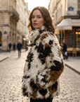 Women's Floral Faux Fur Coat – Eco-Friendly Plush Lapel Winter Jacket, Short or Long, S–L