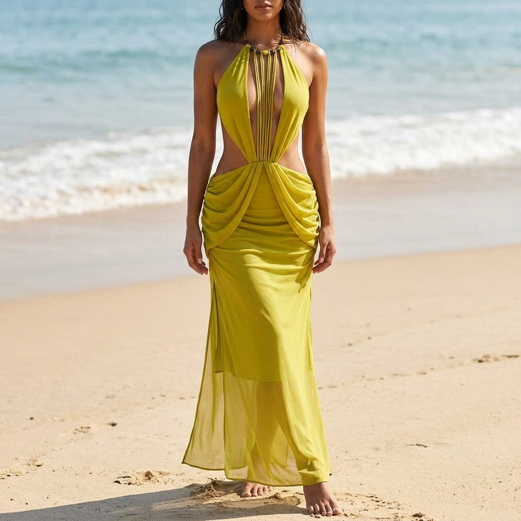 Women's Bohemian Halter Neck Beaded Drawstring Dress