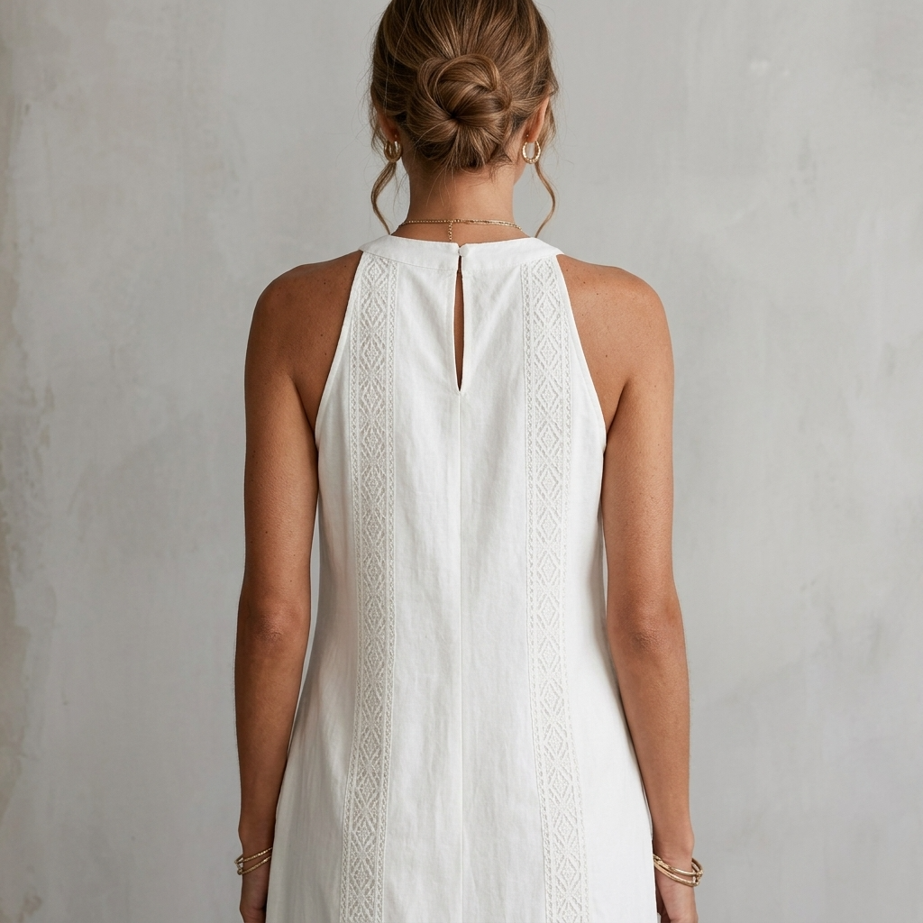 Women's Lace Detail Sleeveless A-Line Dress – Cotton Blend Side Slit