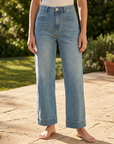 Women's High-Waist Straight Leg Cropped Jeans – Washed Denim
