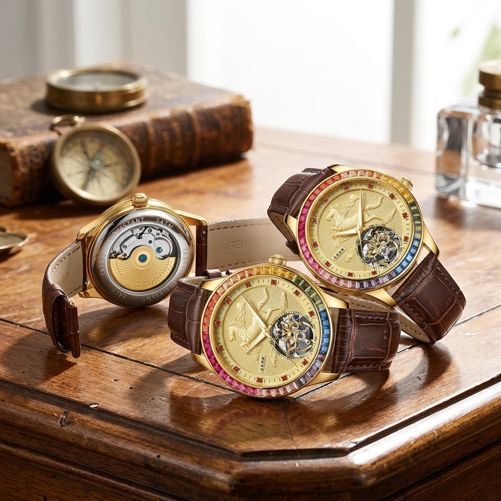 Men's Automatic Mechanical Watch – Rose Gold, Hollow Dial &amp; Leather Strap