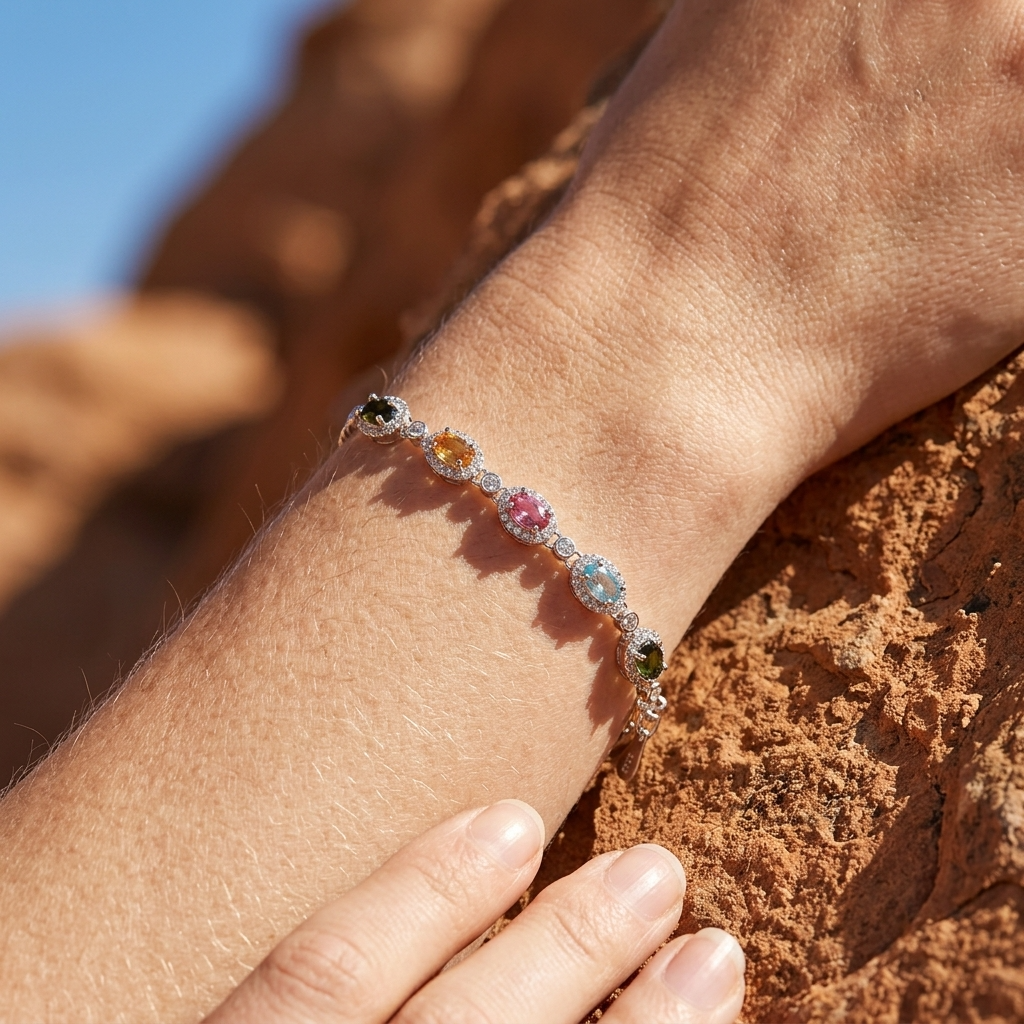 Women's Natural Tourmaline Bracelet — 925 Sterling Silver Geometric Oval