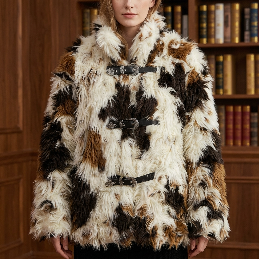 Women's Floral Faux Fur Coat – Eco-Friendly Plush Lapel Winter Jacket, Short or Long, S–L