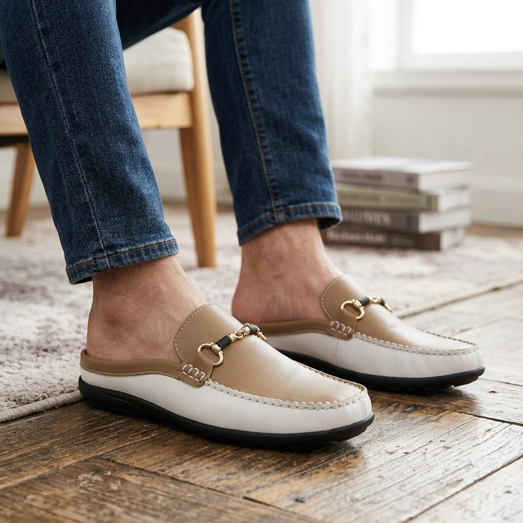 Men's Soft Leather Slip-On Slippers – Breathable Closed-Toe Mules