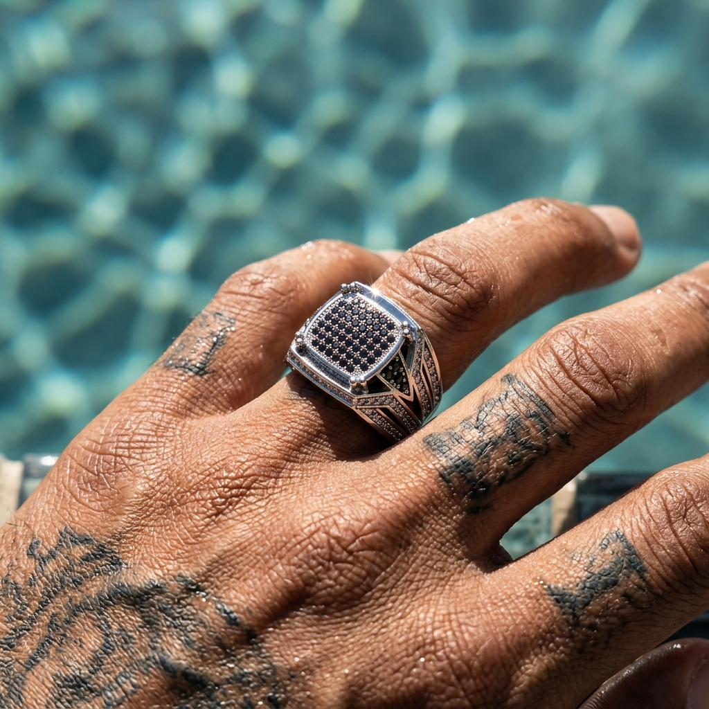 Men's Zircon-Inlaid Geometric Ring - Hip-Hop &amp; Business Style