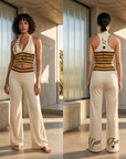Women's Striped Crop Top & Flared Wide-Leg Pants Set