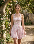 Women's Floral Halter Neck Chiffon Mini Dress