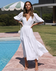 Women's Puff-Sleeve Maxi Dress – V-Neck High-Waist Swing Dress