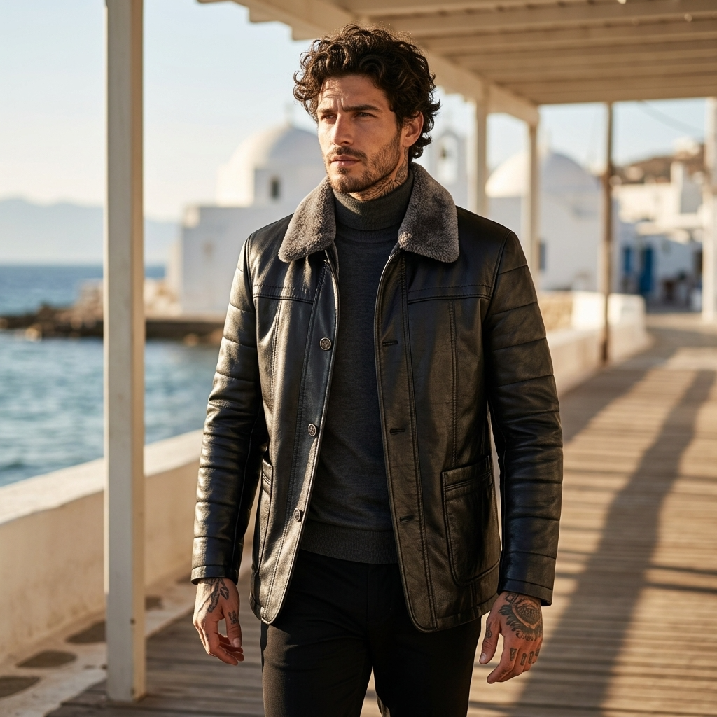 Manteau en cuir mi-long en véritable peau de mouton pour homme – Veste d'hiver doublée de fourrure avec col à revers et fermeture éclair