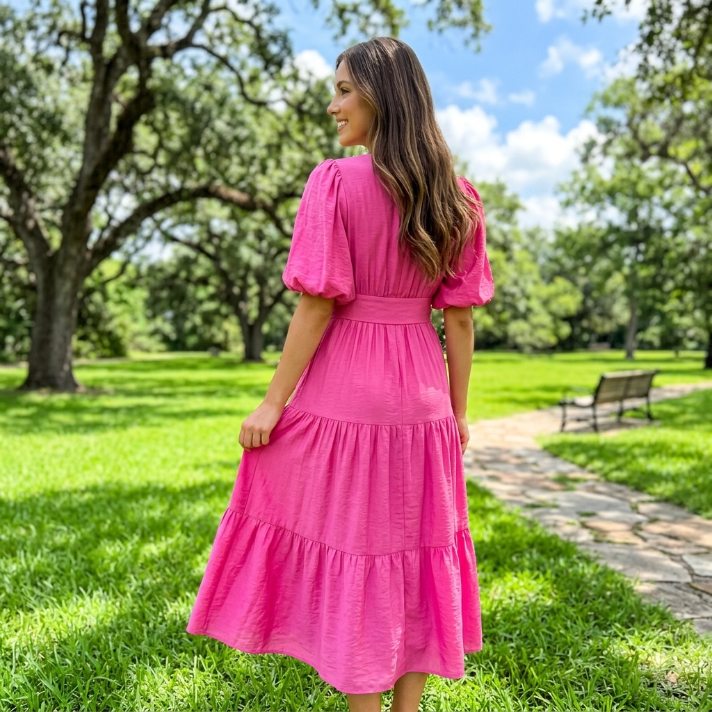 Women's Puff-Sleeve Maxi Dress – V-Neck High-Waist Swing Dress