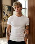 Men's Heavyweight Pure Cotton Ribbed T-Shirt - Slim Fit Crew Neck