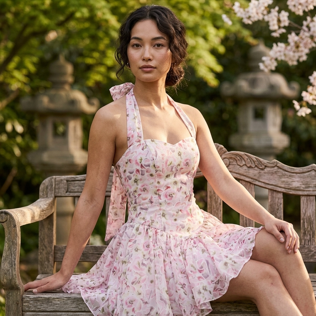 Women's Floral Halter Neck Chiffon Mini Dress